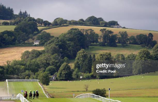 Runners and riders in the Nigel And Peter Plastering And Building Services Handicap at Chepstow Racecourse on June 30, 2020 in Chepstow, England.