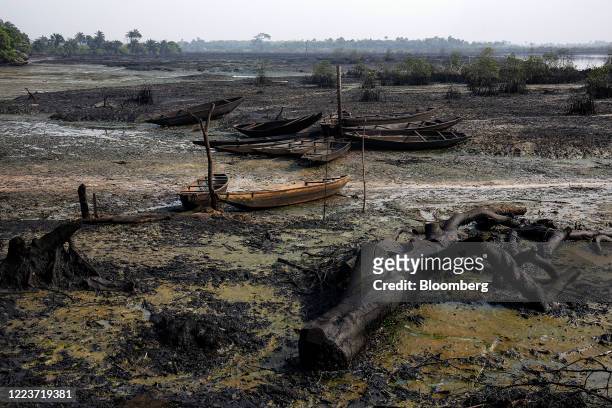 Abandoned fishing boats sit on the ground as crude oil pollution covers the shoreline of an estuary in B-Dere, Ogoni, Nigeria, on Saturday, Feb. 1,...