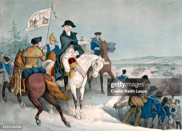 illustrazioni stock, clip art, cartoni animati e icone di tendenza di george washington attraversa il fiume delaware, 1776 - fiume delaware