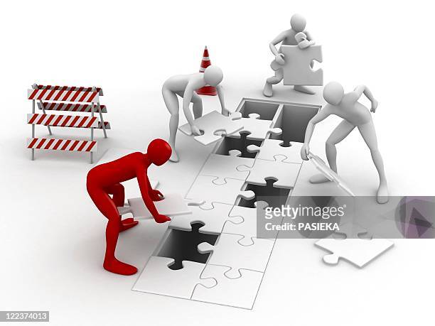 men putting puzzle pieces together - demolition site stock illustrations