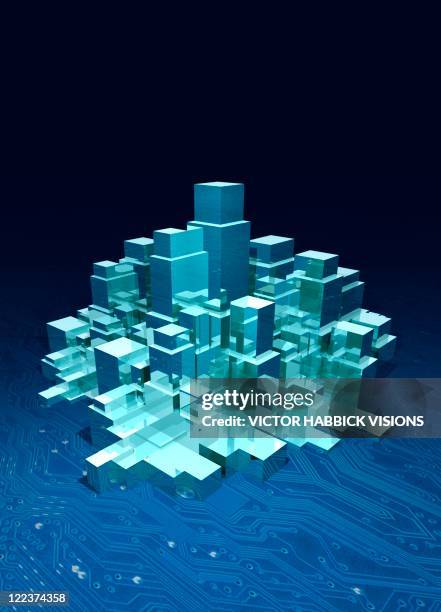 computerised city, conceptual artwork - computer chip close up stock illustrations