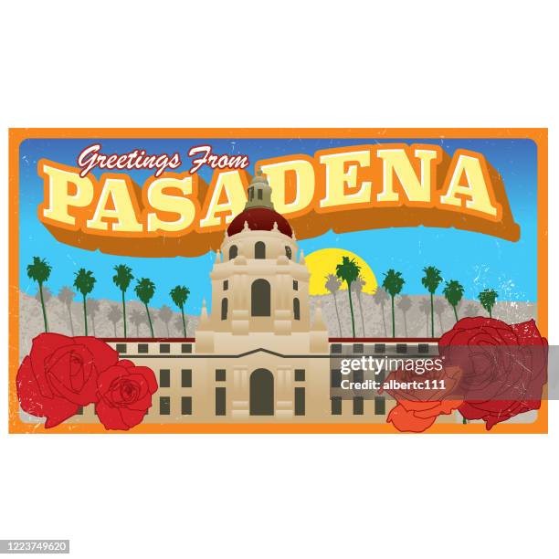 ilustrações de stock, clip art, desenhos animados e ícones de pasadena california retro vintage postcard - pasadena califórnia