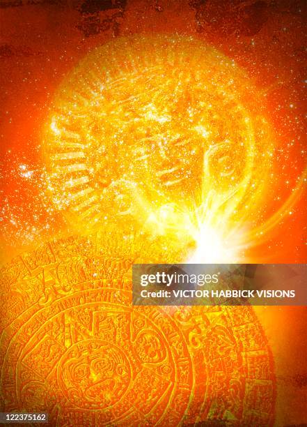 aztec sun stone, artwork - aztec calendar stone stock illustrations
