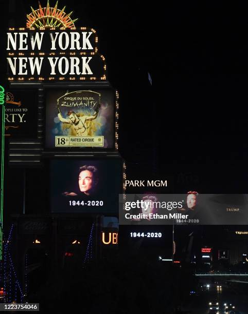 The marquees at New York-New York Hotel & Casino, Park MGM and the Aria Resort & Casino display tributes to Roy Horn after news of his death at age...