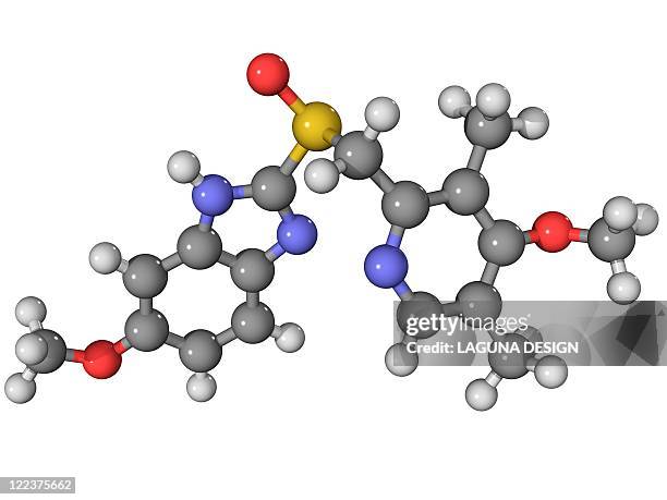 omeprazole drug molecule - heartburn stock illustrations