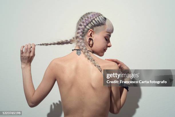 woman with braids and dyed hair - grey hair back stock pictures, royalty-free photos & images