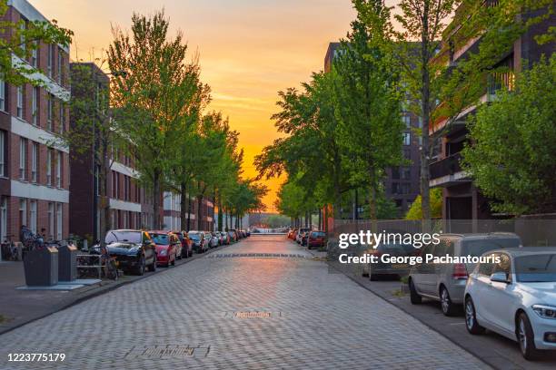 urban road during sunset in amsterdam, holland - netherlands sunset stock pictures, royalty-free photos & images