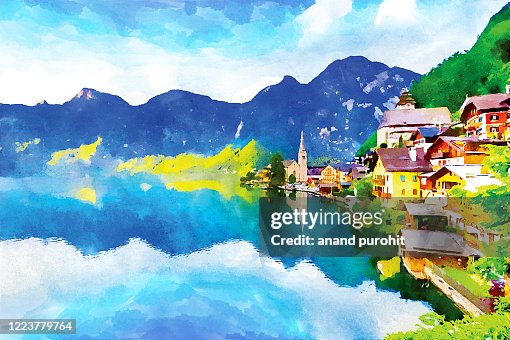 Austrian Alps Village Hallstätter See Landscape Watercolor