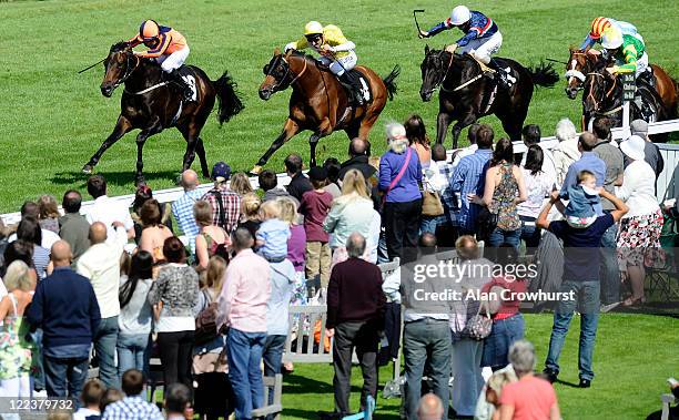 Eddie Ahern riding Oneladyowner win The Bank Holiday Stakes at Goodwood racecourse on August 28, 2011 in Chichester, England.