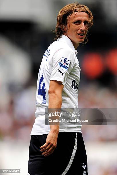 Luka Modric of Tottenham in action during the Barclays Premier League match between Tottenham Hotspur and Manchester City at White Hart Lane on...