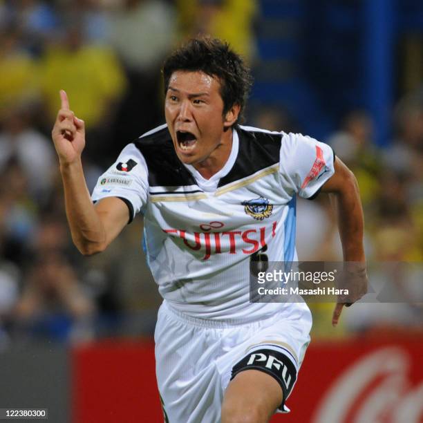Yusuke Tasaka of Kawasaki Frontale celebrates first goal during the J.League second division match between Kashiwa Reysol and Kawasaki Frontale at...