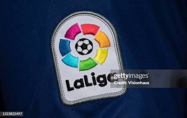 La Liga artwork and logo on the sleeve of a Barcelona 2019-20 home shirt on May 07, 2020 in Whichford, Warwickshire, United Kingdom. No La Liga...