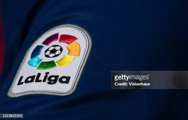 La Liga artwork and logo on the sleeve of a Barcelona 2019-20 home shirt on May 07, 2020 in Whichford, Warwickshire, United Kingdom. No La Liga...