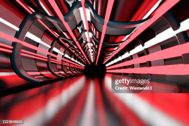 three dimensional render of red-colored futuristic corridor - space station interior stock illustrations