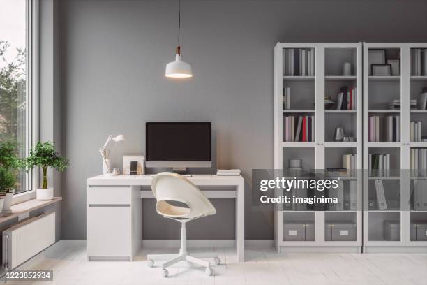 modern home office interior - working from home desk stock pictures, royalty-free photos & images