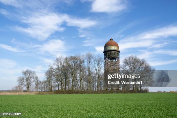 germany, north rhine-westphalia, ruhr, grassy field with lanstroper ei water tower in background - ei stock pictures, royalty-free photos & images