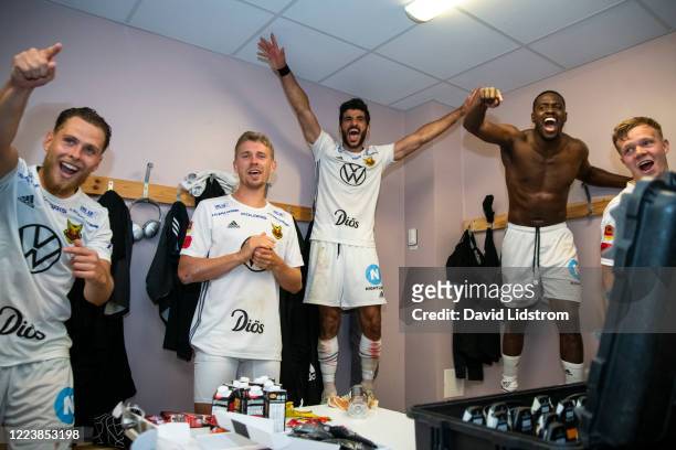 Ludvig Fritzson of Ostersunds FK, Rewan Amin of Ostersunds FK and Isak Ssewankambo of Ostersunds FK celebrates after the Allsvenskan match between...