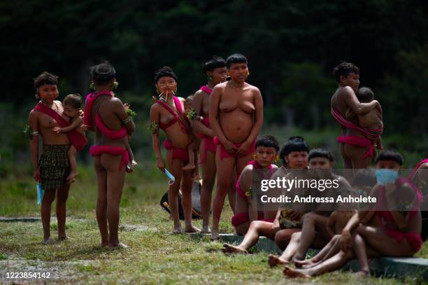 Yanomami indigenous arrive to receive health care during the Yanomami / Raposa Serra do Sol Mission amidst at the coronavirus pandemic at the 4...
