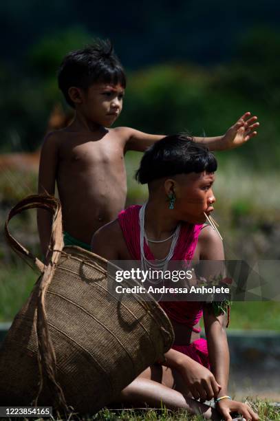 Yanomami indigenous looks on as arriving to receive health care during the Yanomami / Raposa Serra do Sol Mission amidst at the coronavirus pandemic...