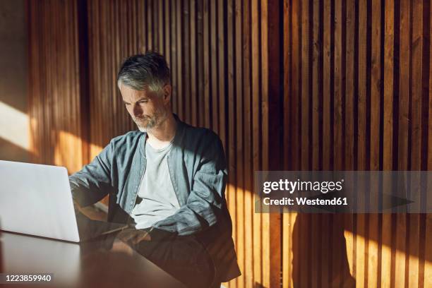 casual businessman sitting in his sustainable office, using laptop - vida sencilla fotografías e imágenes de stock