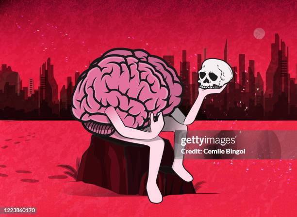 confused brain character with a skull - philosopher stock illustrations