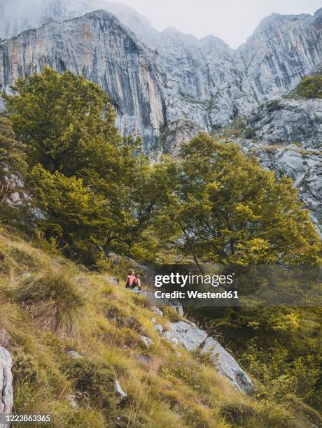 spain, cantabria, female hiker relaxing in picos de europa range - picos de europa fotografías e imágenes de stock