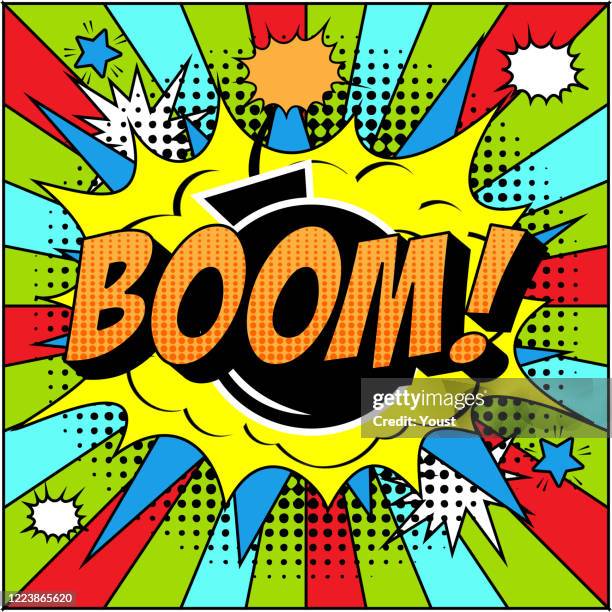 bomb boom comic text on explosion speech bubble in pop art style - dynamite fuse stock illustrations