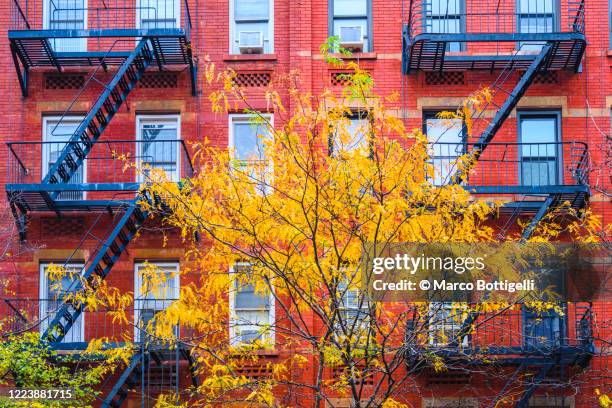 fire escape stairs on a red brick house in autumn, new york city - autumn in new york foto e immagini stock