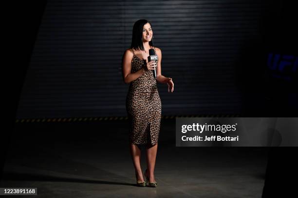 Backstage analyst Megan Olivi welcomes the television audience for the UFC 249 event at VyStar Veterans Memorial Arena on May 09, 2020 in...