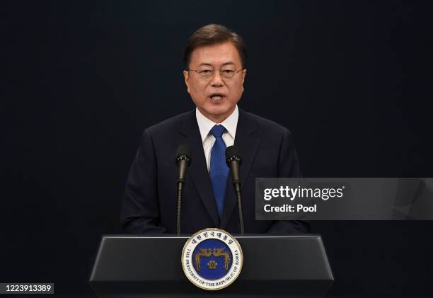 South Korean President Moon Jae-in speaks on the third anniversary of his inauguration at the presidential Blue House on May 10, 2020 in Seoul, South...