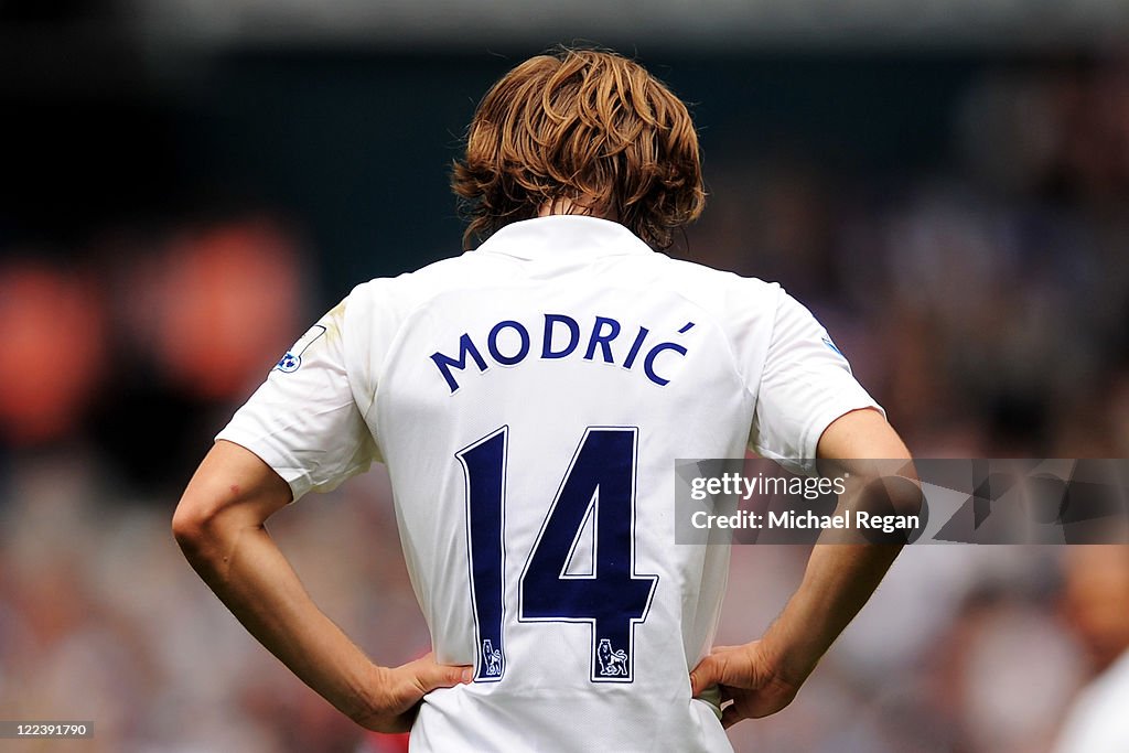Modric Tottenjam Luka Modric of Tottenham looks down dejected during the Barclays ...
