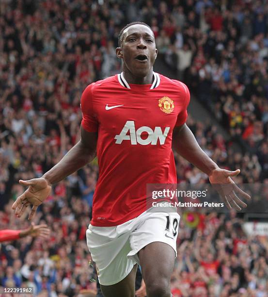 Danny Welbeck of Manchester United celebrates scoring their first goal during the Barclays Premier League match between Manchester United and Arsenal...