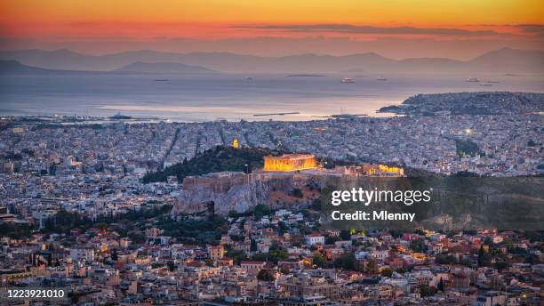 athens cityscape in sunset light panorama - athens greece stock pictures, royalty-free photos & images