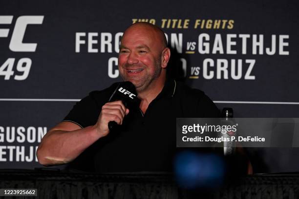 President Dana White speaks to the media after UFC 249 at VyStar Veterans Memorial Arena on May 09, 2020 in Jacksonville, Florida.
