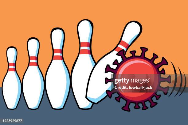 zehn pin bowling kegeln mit einem covid-19 bowlingball, der die zerstörung darstellt, die die krankheit der weltwirtschaft angerichtet hat - ten pin bowling stock-grafiken, -clipart, -cartoons und -symbole
