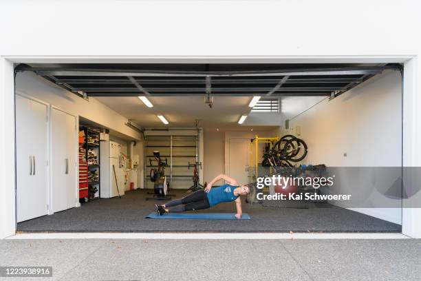 New Zealand Black Sticks field hockey player Gemma McCaw training in isolation in her garage due to the coronavirus lockdown on April 14, 2020 in...