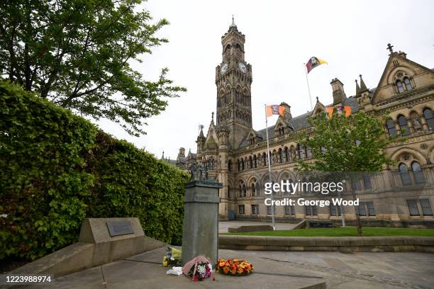 Claret and Amber wreath of flowers is laid at the Valley Parade Fire Memorial in Centenary Square, in memory of the victims of the Bradford City...