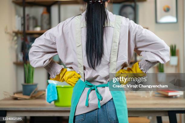 rear of housewife wear apron ready to cleansing home - hausfrau stock-fotos und bilder