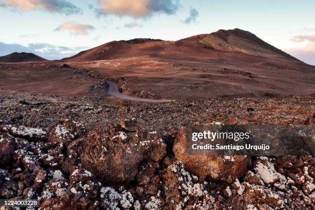 road through volcanic landscape in timanfaya national park - gesteinsart stock-fotos und bilder