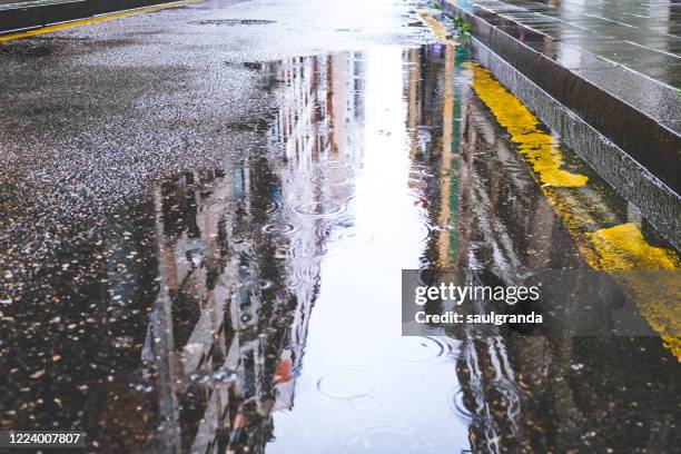 buildings reflected in a puddle - dividing line stock pictures, royalty-free photos & images