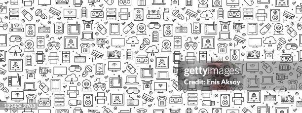 ilustraciones, imágenes clip art, dibujos animados e iconos de stock de patrón sin costuras con iconos de tecnología y dispositivos - radio hardware audio