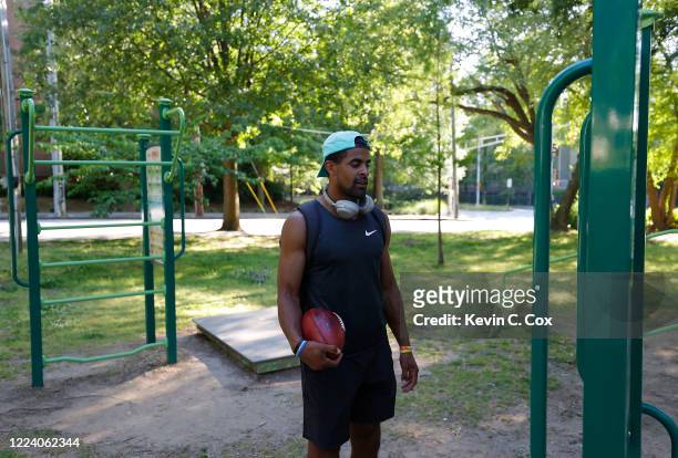 Punter Kaare Vedvik of Norway, a reserve/future free agent for the Buffalo Bills, works out at Central Park on May 10, 2020 in Atlanta, Georgia....
