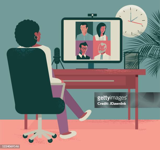 illustrazioni stock, clip art, cartoni animati e icone di tendenza di lavorare a casa videoconferenza online o concetto di riunione - video chiamata