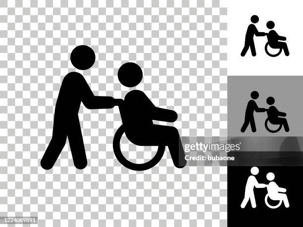 wheelchair caregiver  icon on checkerboard transparent background - nursing home stock illustrations
