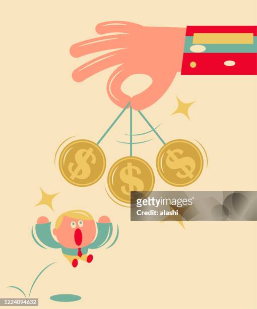 businessman being hypnotized with a dollar coin - selfishness stock illustrations