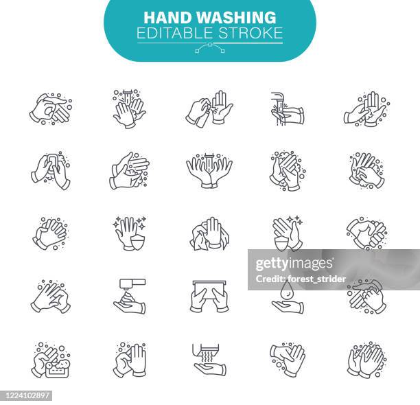 hand washing icons. editable stroke. in set icon as hygiene, protection, sanitation, hand sanitizer, illustration - liquid detergent stock illustrations