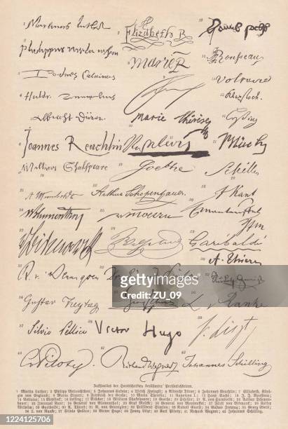 ilustraciones, imágenes clip art, dibujos animados e iconos de stock de firmas de personas famosas, facsímiles, publicadas en 1893 - firma
