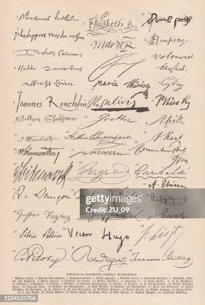 signatures of famous people, facsimiles, published in 1893 - autographe stock illustrations