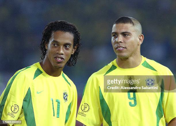 Ronaldinho of Brazil and Ronaldo Luís Nazário de Lima of Brazil look on during the Fifa World Cup 2002. Korea Japan
