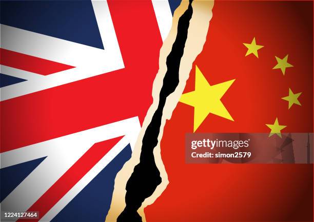 conflict concept of uk and china flag background - china flag stock illustrations